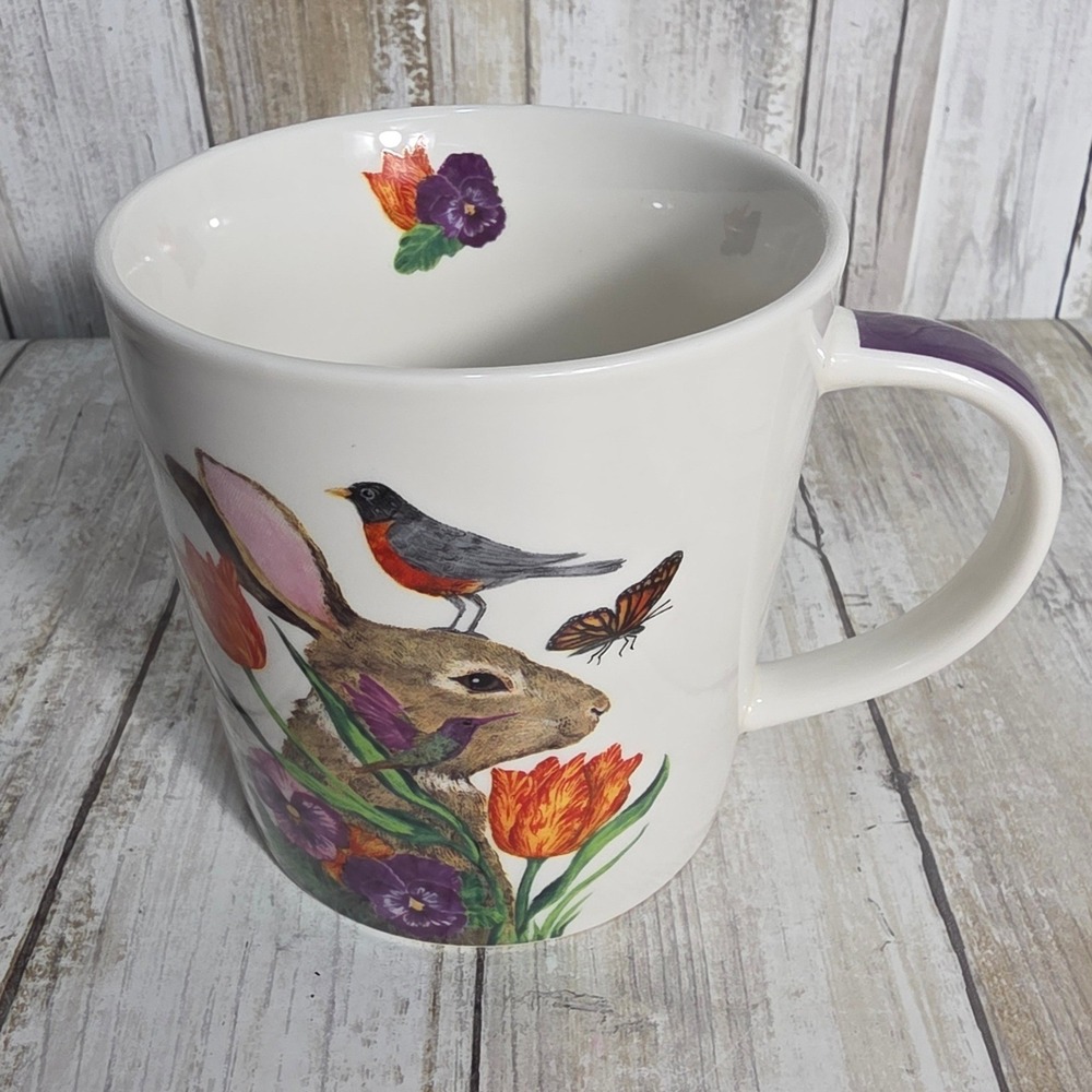 PPD Ron Tanovitz Spring Garden Rabbit Robin China Oversized Mug Purple Handle - Picture 2 of 4